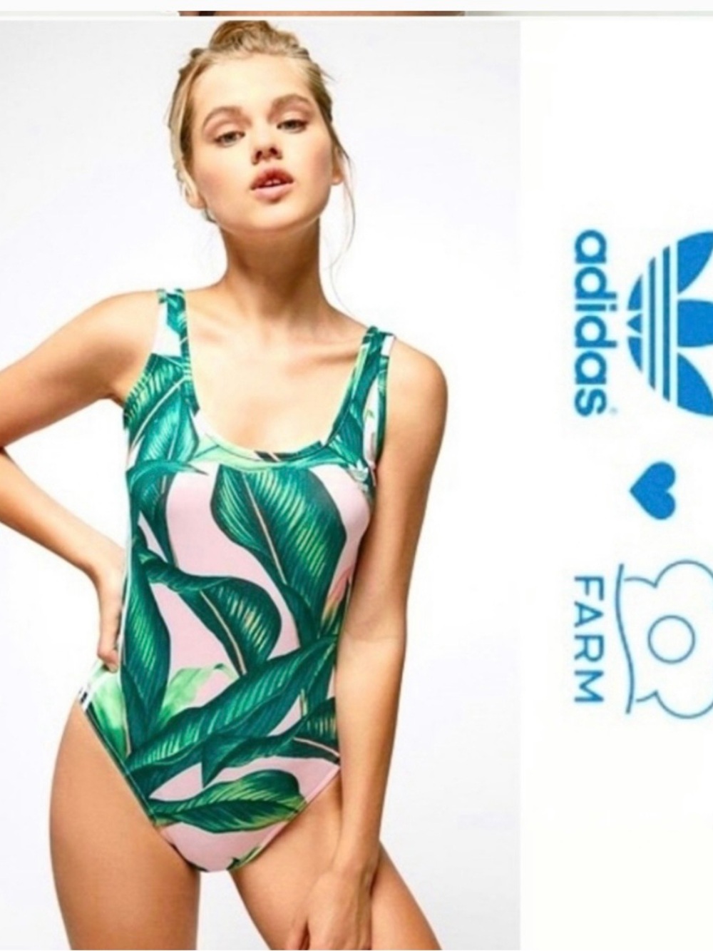 ADIDAS X FARM RIO ORIGINAL Pink & Green Tropical Leaf One-Piece Swimsuit